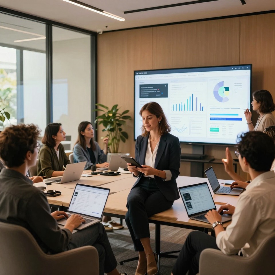 A company leadership team reviewing dashboards and planning an acquisition in a conference room.