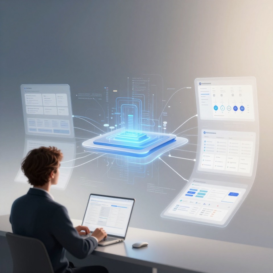 A person reviewing AI-assisted migration dashboards and workflow screens around a central data platform.
